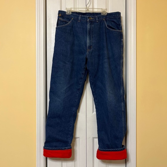 Wrangler Rugged Wear Blue Denim Jeans Red Fleece Thermal Lined 33213MW Sz 38X34 - Picture 2 of 7